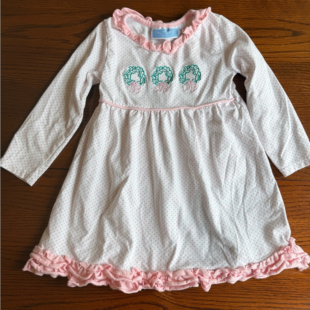 Pink and White Long Sleeve Dress with Embroidered Wreaths